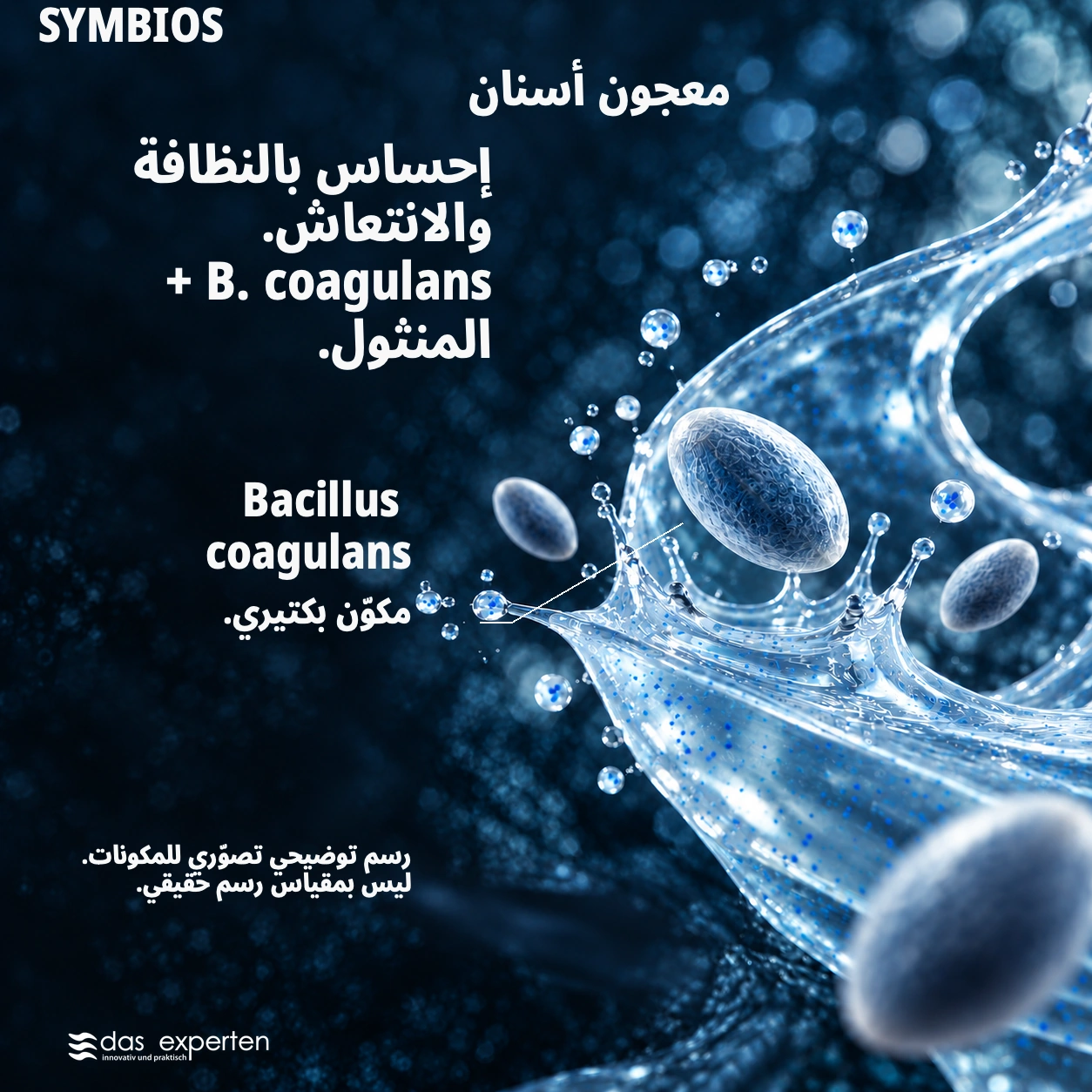 SYMBIOS · إحساس بالنظافة والانتعاش. · B. coagulans + المنثول. · رسم توضيحي تصوّري للمكونات. · ليس بمقياس رسم حقيقي.