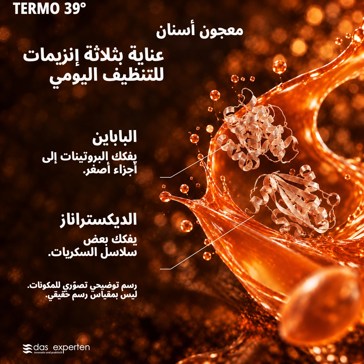 TERMO 39° · عناية بثلاثة إنزيمات · للتنظيف اليومي · رسم توضيحي تصوّري للمكونات. · ليس بمقياس رسم حقيقي.