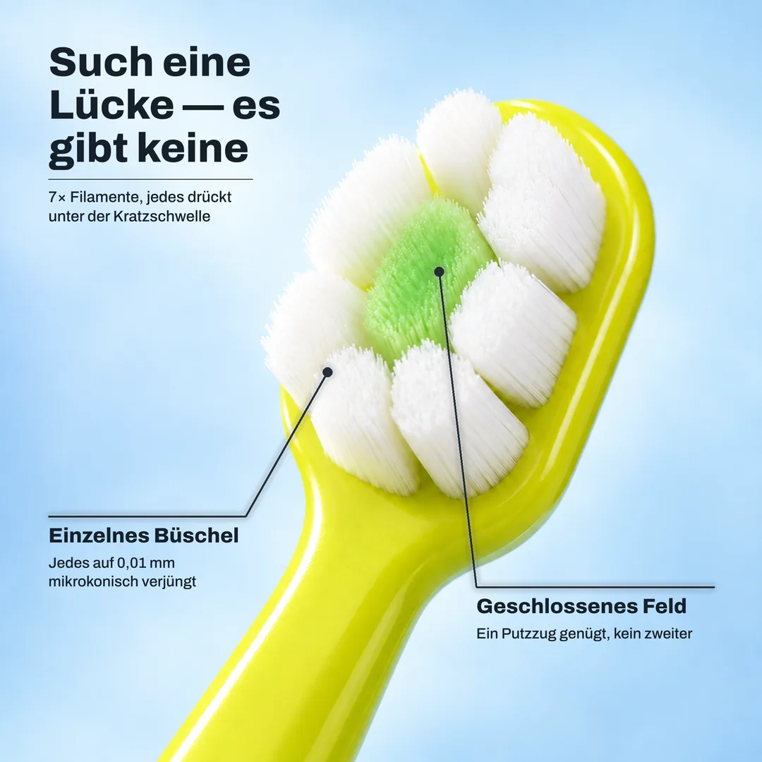Such eine Lücke — es gibt keine — 7× Filamente, jedes drückt unter der Kratzschwelle · Einzelnes Büschel: Jedes auf 0,01 mm mikrokonisch verjüngt · Geschlossenes Feld: Ein Putzzug genügt, kein zweiter
