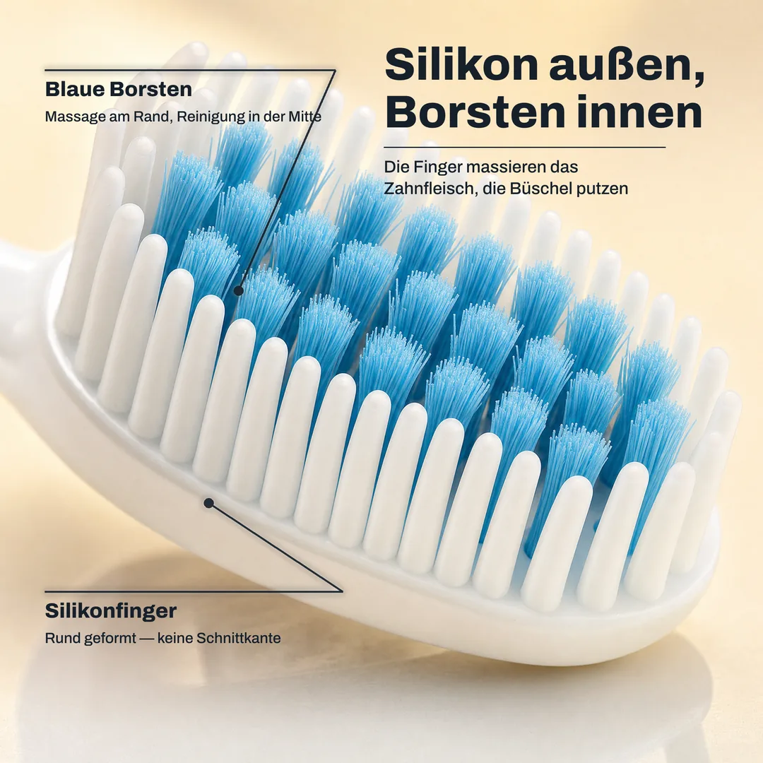 Silikon außen, Borsten innen — Die Finger massieren das Zahnfleisch, die Büschel putzen · Silikonfinger: Rund geformt — keine Schnittkante · Blaue Borsten: Massage am Rand, Reinigung in der Mitte