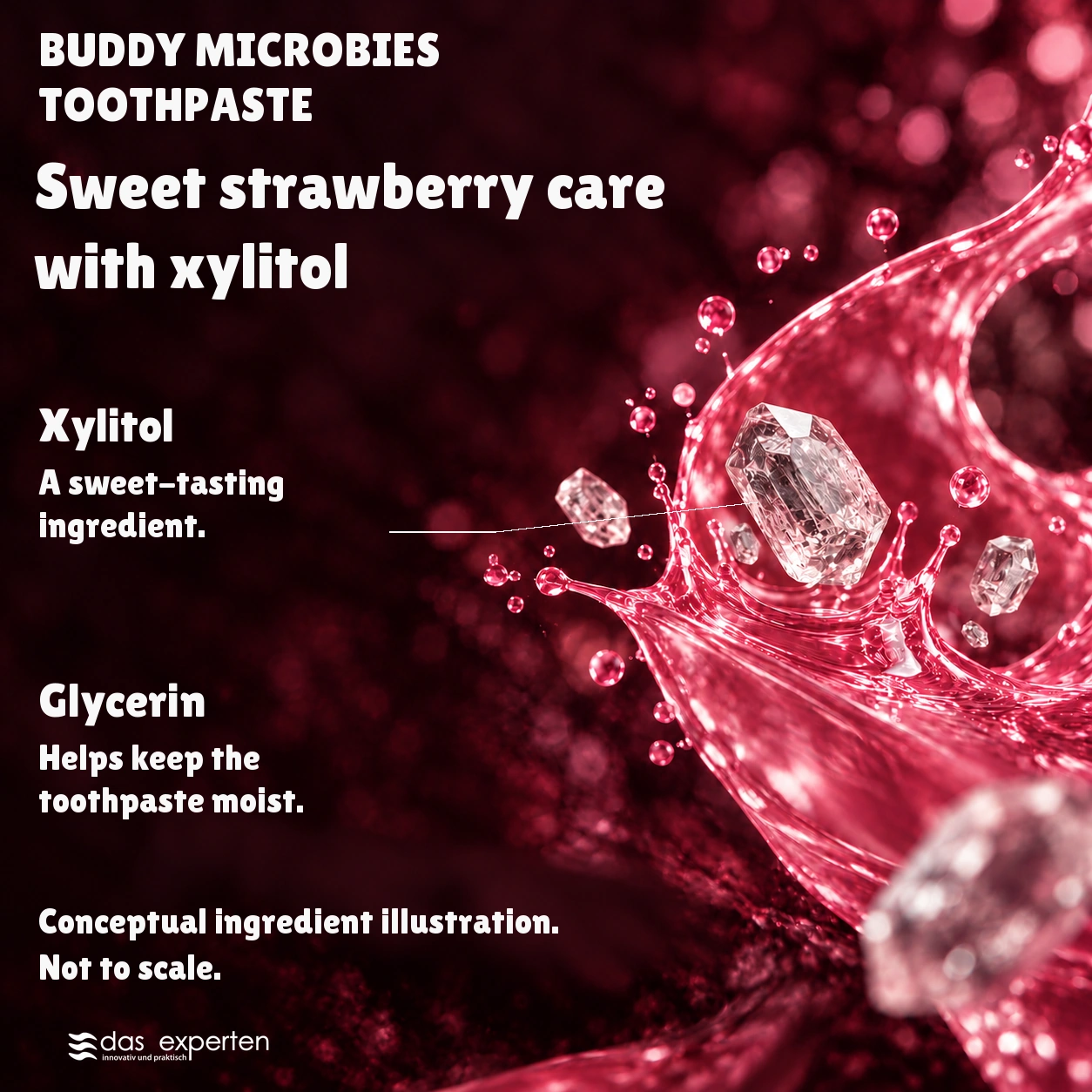 BUDDY MICROBIES · Sweet strawberry care · with xylitol · Conceptual ingredient illustration. · Not to scale.