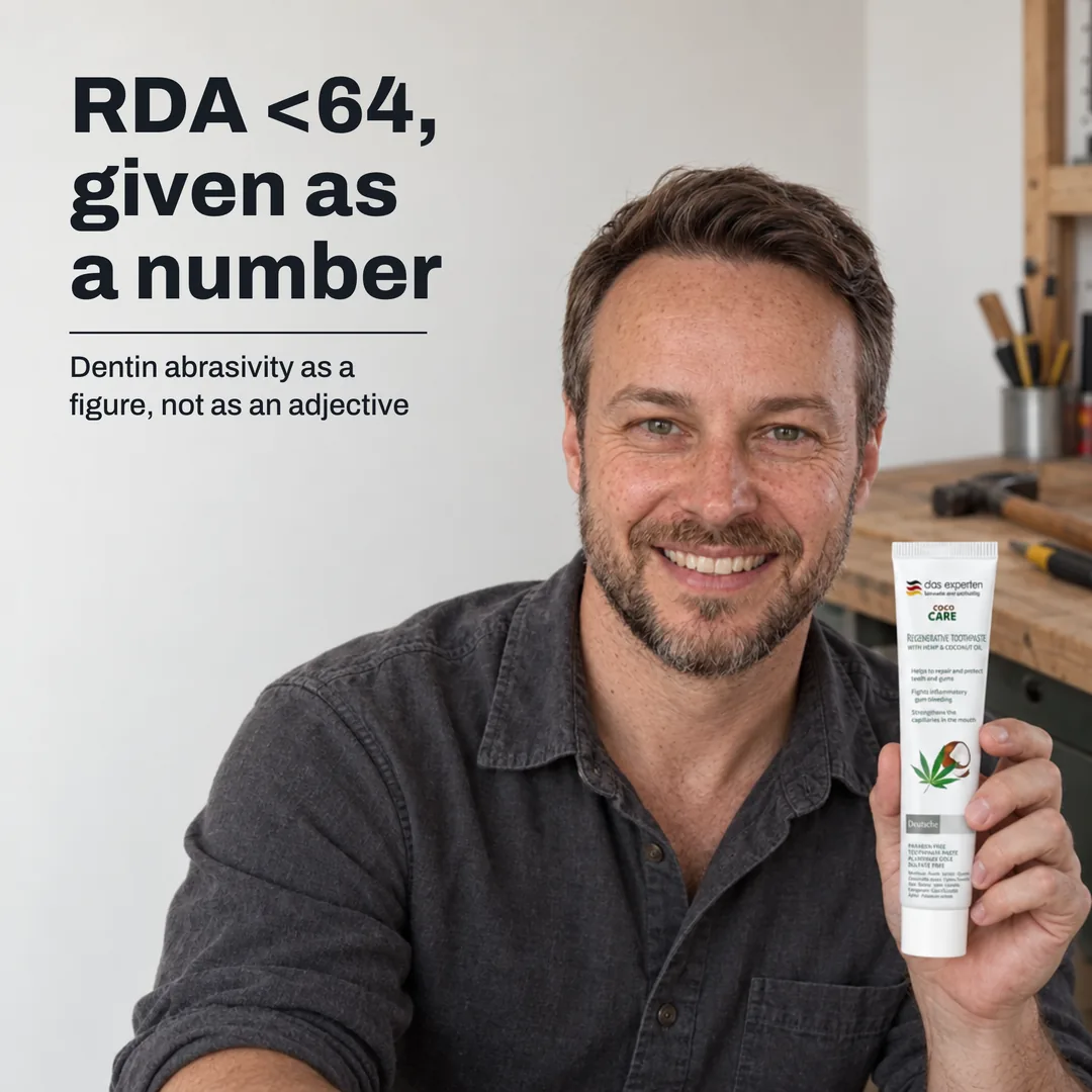 RDA <64, given as a number — Dentin abrasivity as a figure, not as an adjective
