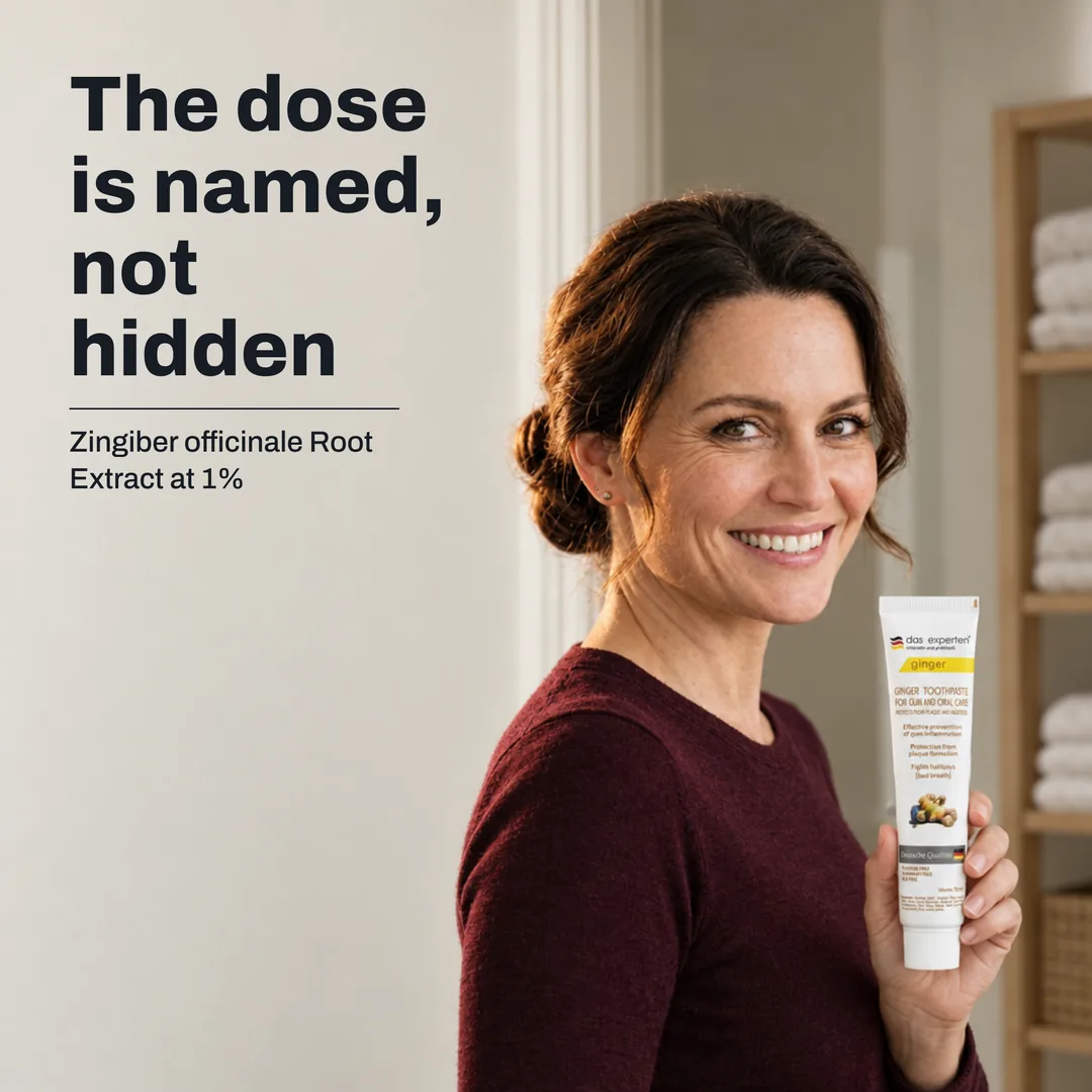 The dose is named, not hidden — Zingiber officinale Root Extract at 1%