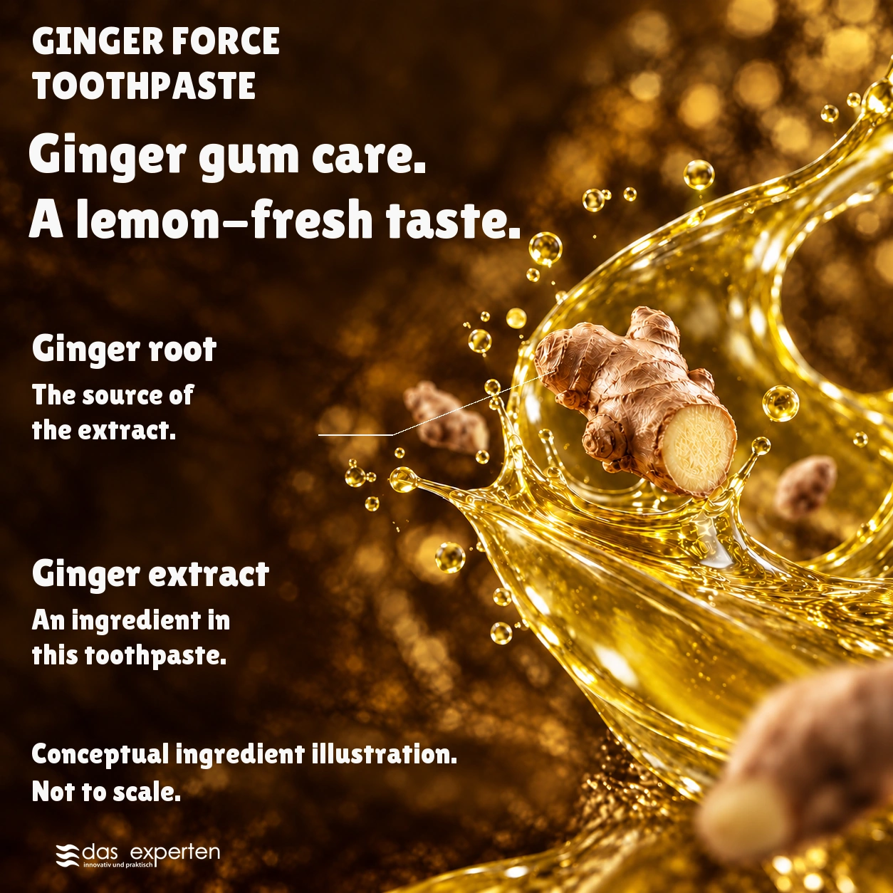 GINGER FORCE · Ginger gum care. · A lemon-fresh taste. · Conceptual ingredient illustration. · Not to scale.