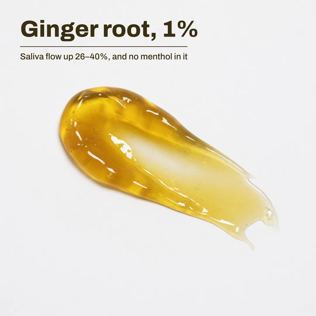 Ginger root, 1% — Saliva flow up 26–40%, and no menthol in it