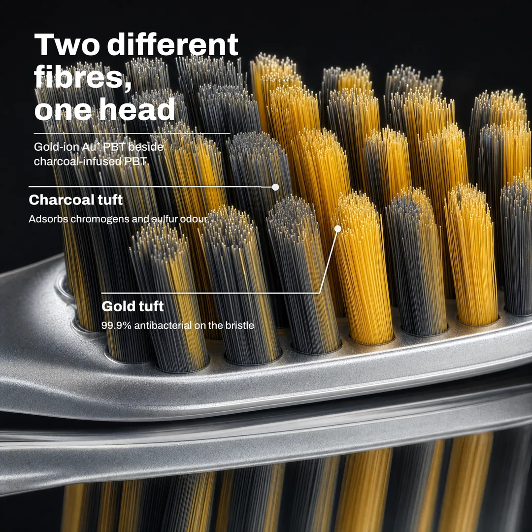 Two different fibres, one head — Gold-ion Au⁺ PBT beside charcoal-infused PBT · Gold tuft: 99.9% antibacterial on the bristle · Charcoal tuft: Adsorbs chromogens and sulfur odour