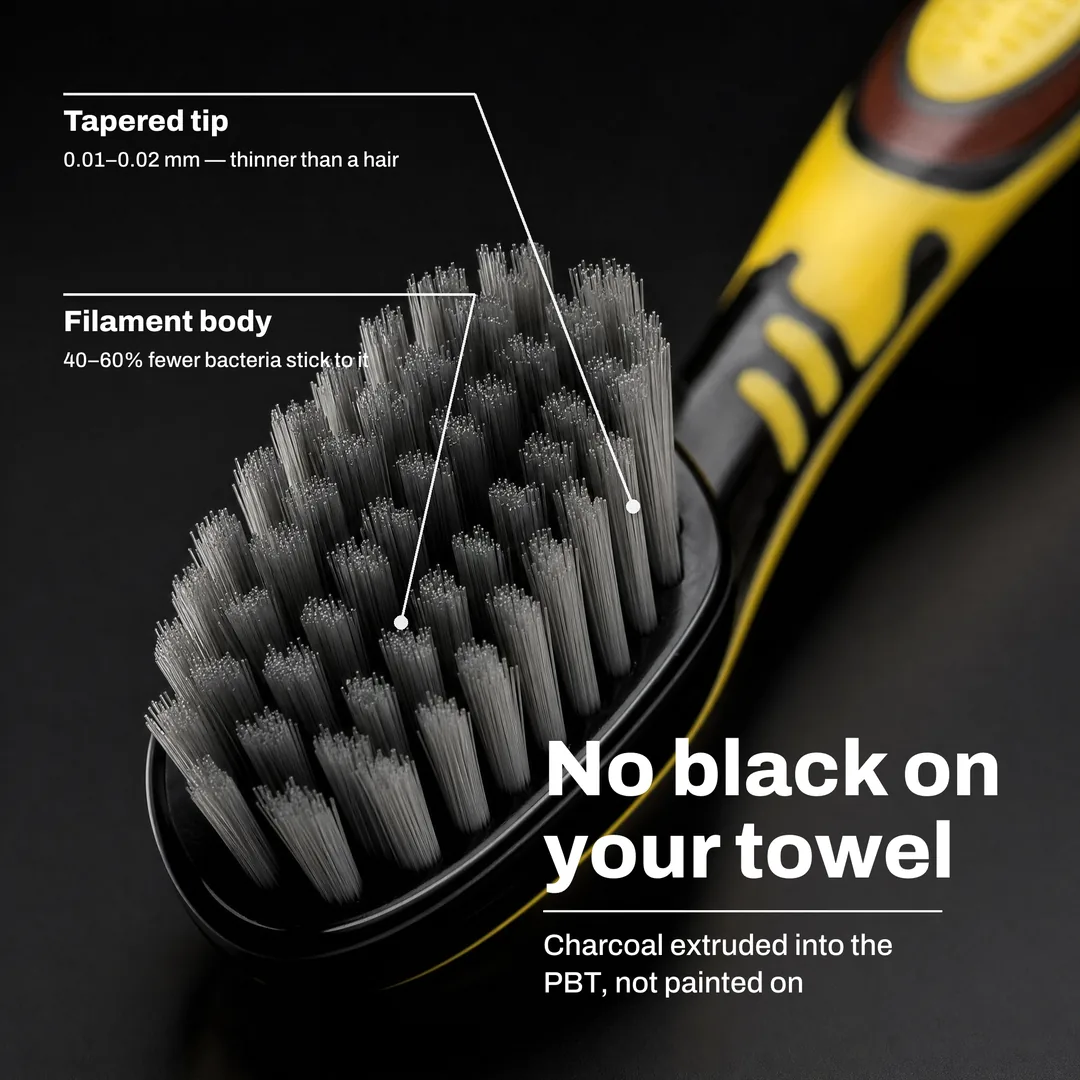No black on your towel — Charcoal extruded into the PBT, not painted on · Filament body: 40–60% fewer bacteria stick to it · Tapered tip: 0.01–0.02 mm — thinner than a hair
