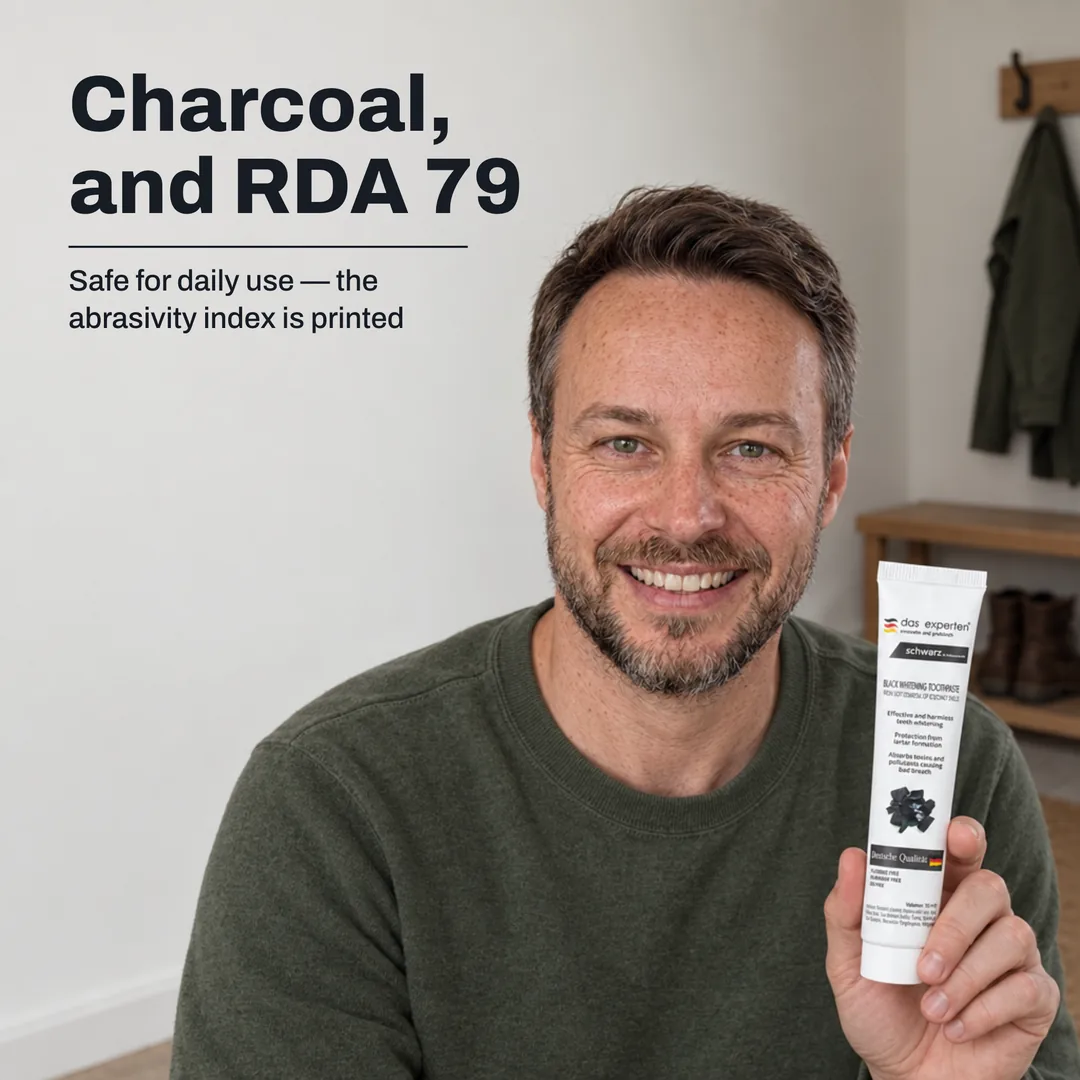 Charcoal, and RDA 79 — Safe for daily use — the abrasivity index is printed