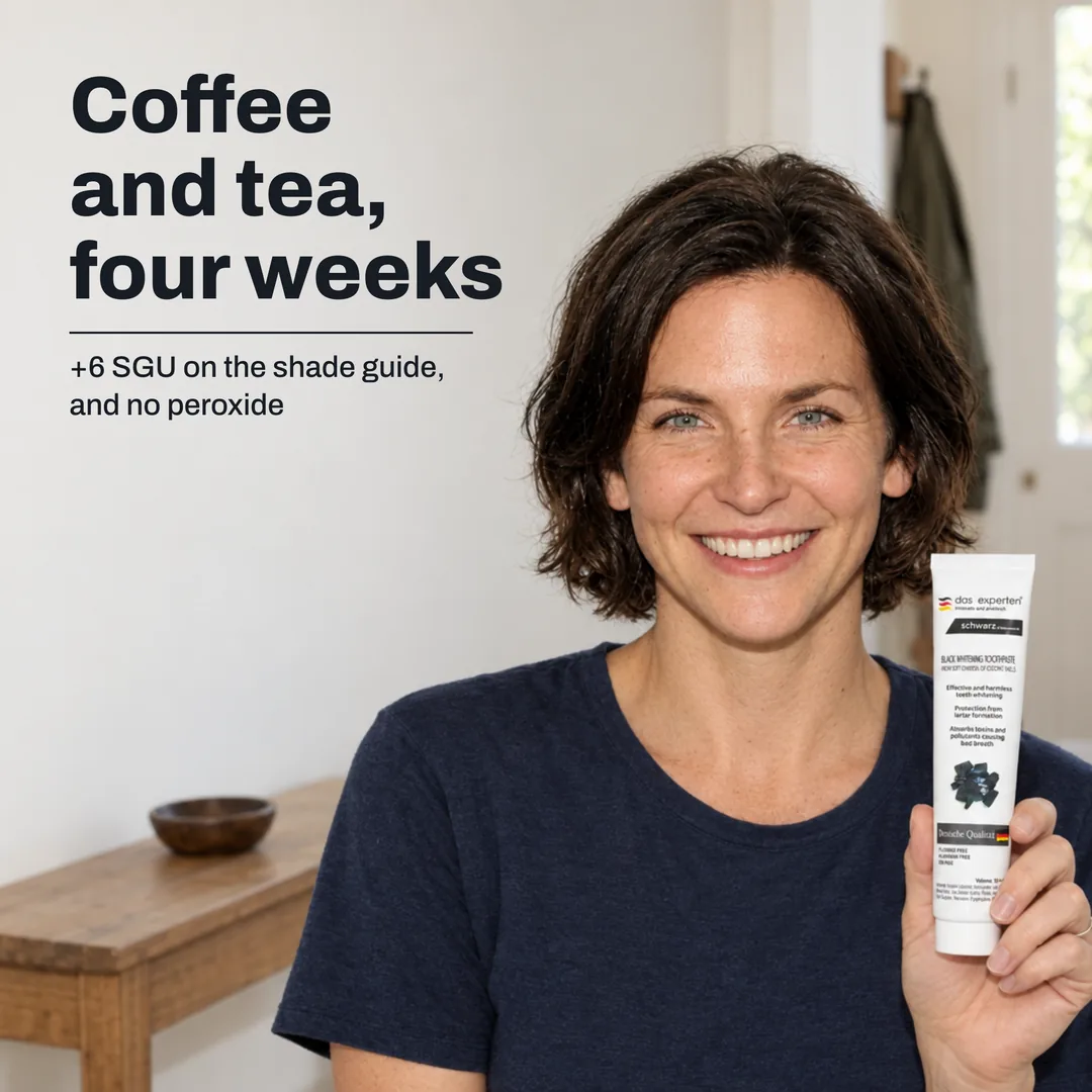 Coffee and tea, four weeks — +6 SGU on the shade guide, and no peroxide