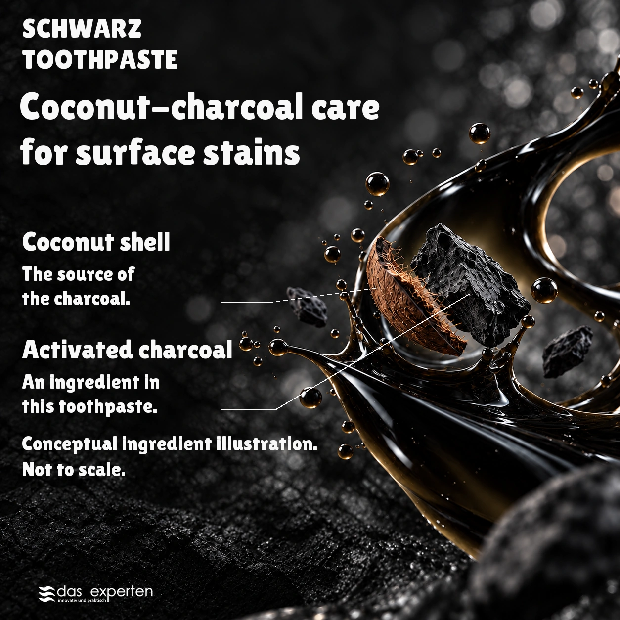 SCHWARZ · Coconut-charcoal care · for surface stains · Conceptual ingredient illustration. · Not to scale.