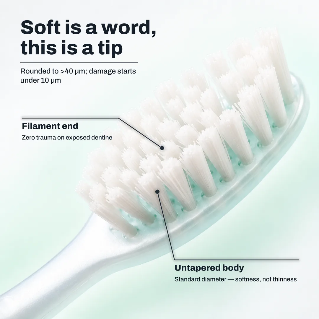 Soft is a word, this is a tip — Rounded to >40 μm; damage starts under 10 μm · Filament end: Zero trauma on exposed dentine · Untapered body: Standard diameter — softness, not thinness