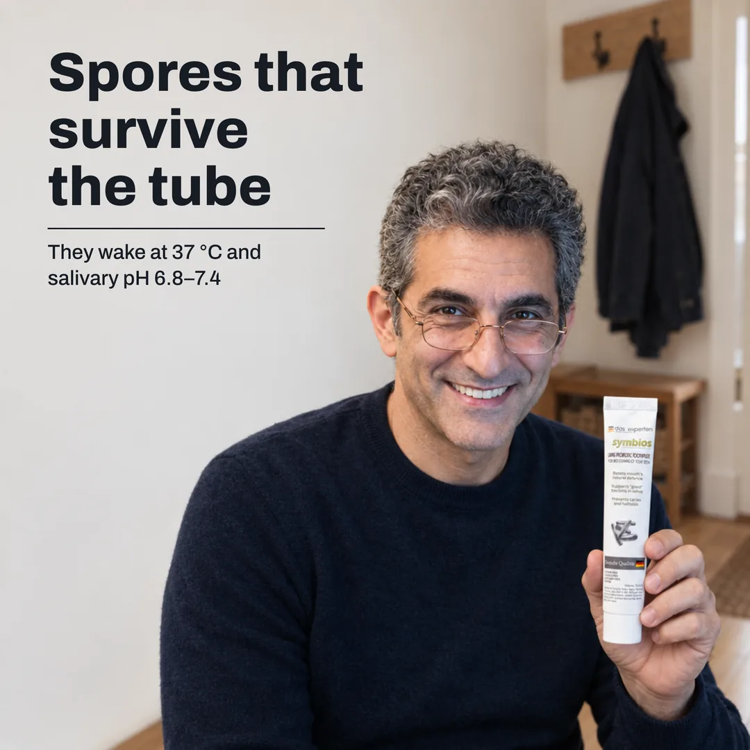Spores that survive the tube — They wake at 37 °C and salivary pH 6.8–7.4