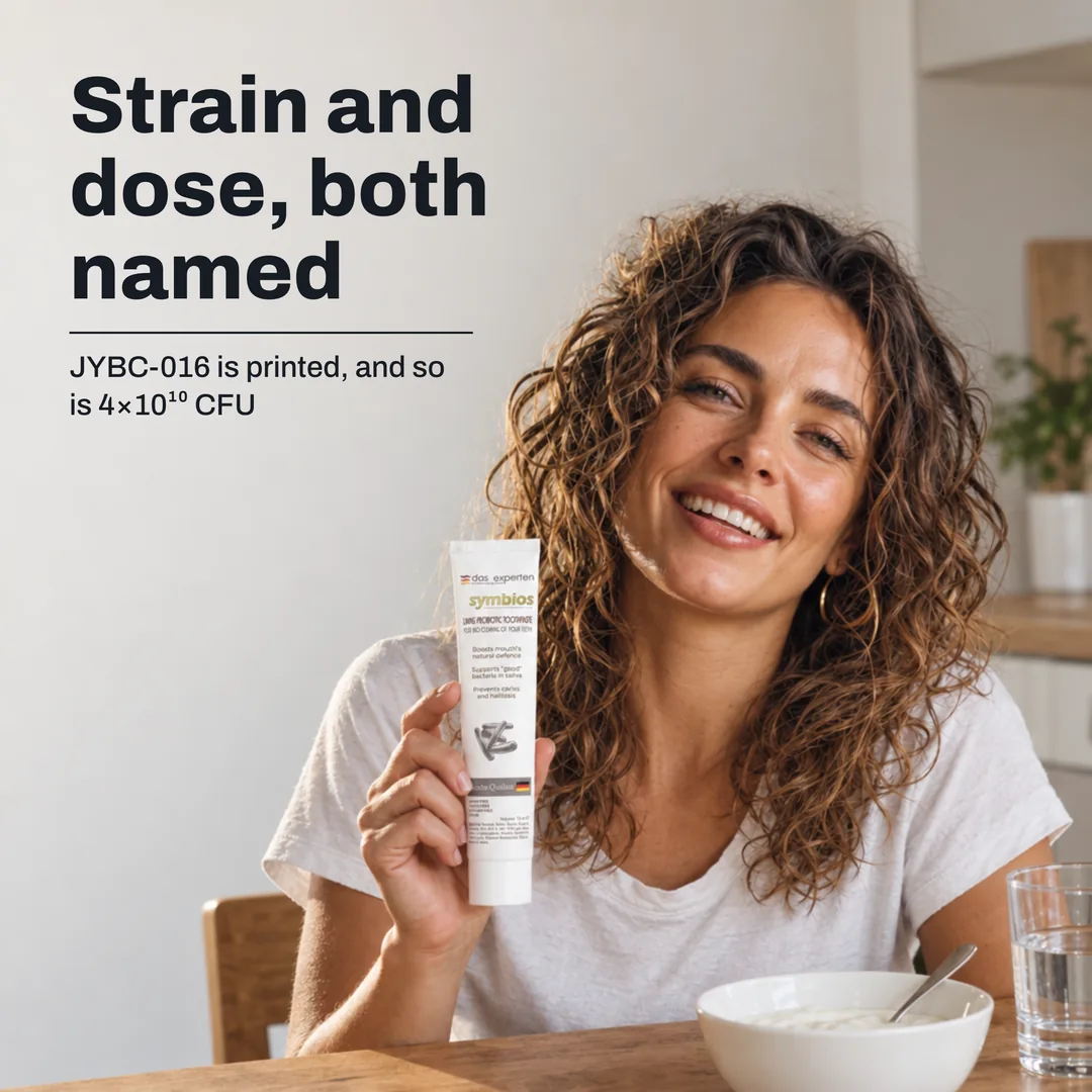 Strain and dose, both named — JYBC-016 is printed, and so is 4×10¹⁰ CFU