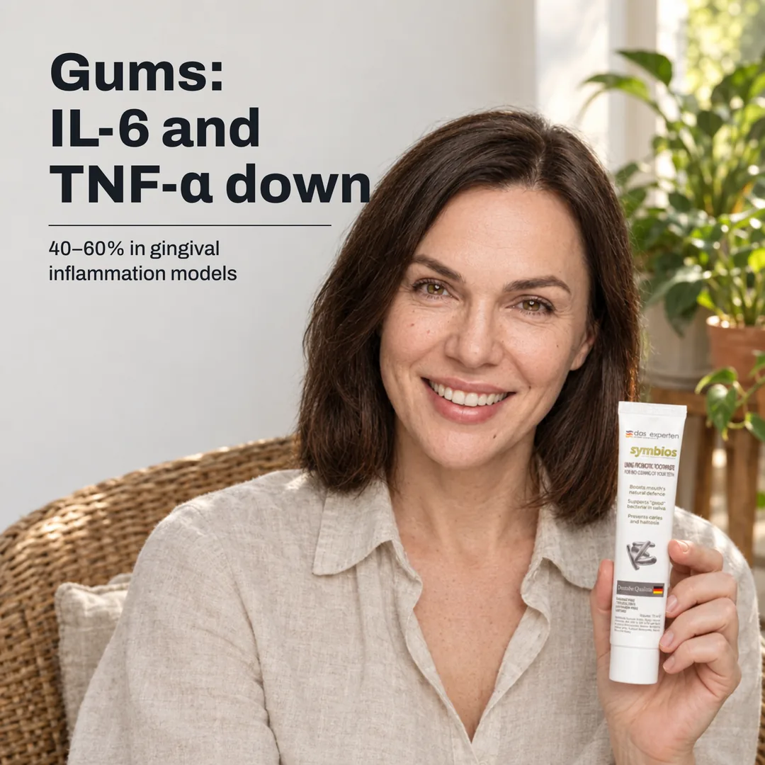 Gums: IL-6 and TNF-α down — 40–60% in gingival inflammation models