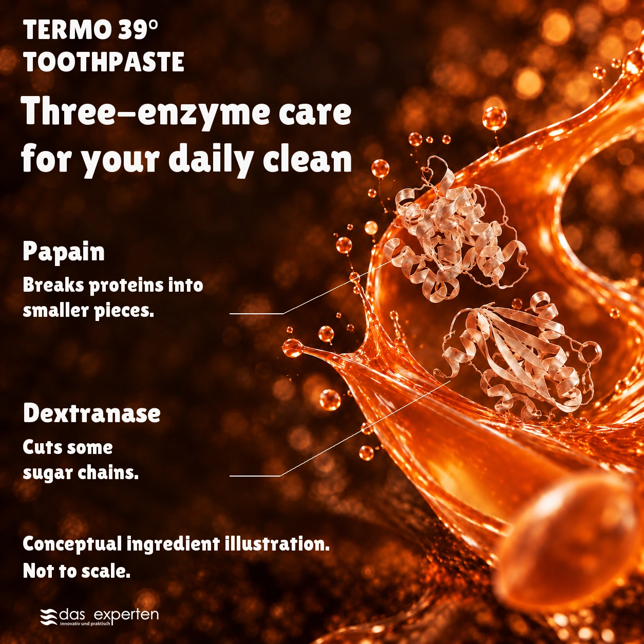 TERMO 39° · Three-enzyme care · for your daily clean · Conceptual ingredient illustration. · Not to scale.