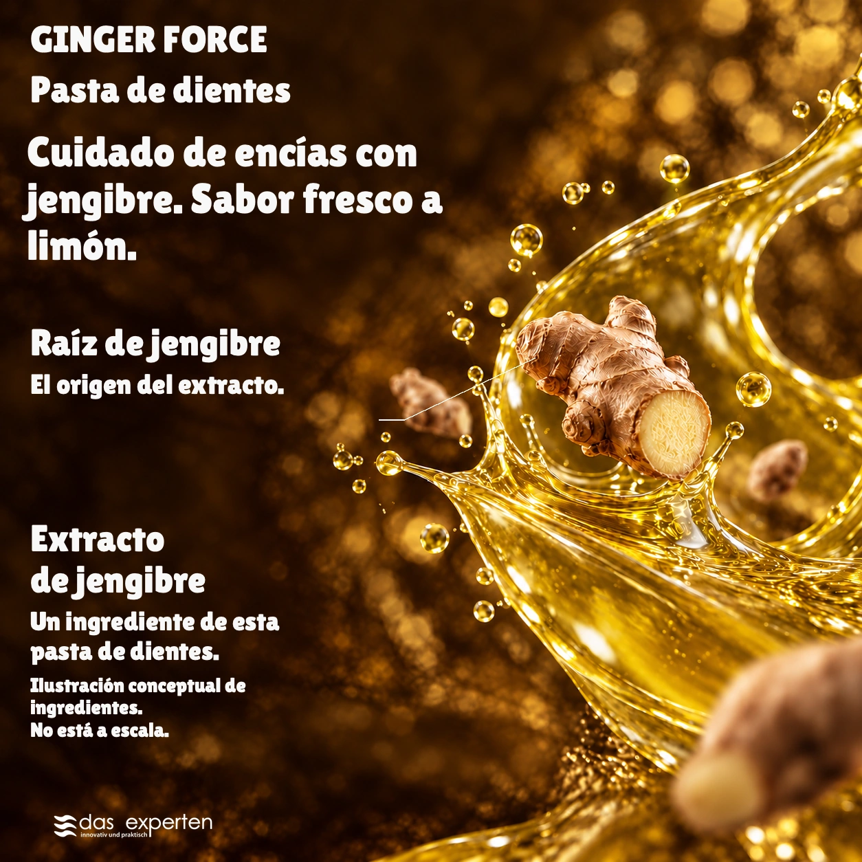 GINGER FORCE · Cuidado de encías con jengibre. · Sabor fresco a limón. · Ilustración conceptual de ingredientes. · No está a escala.