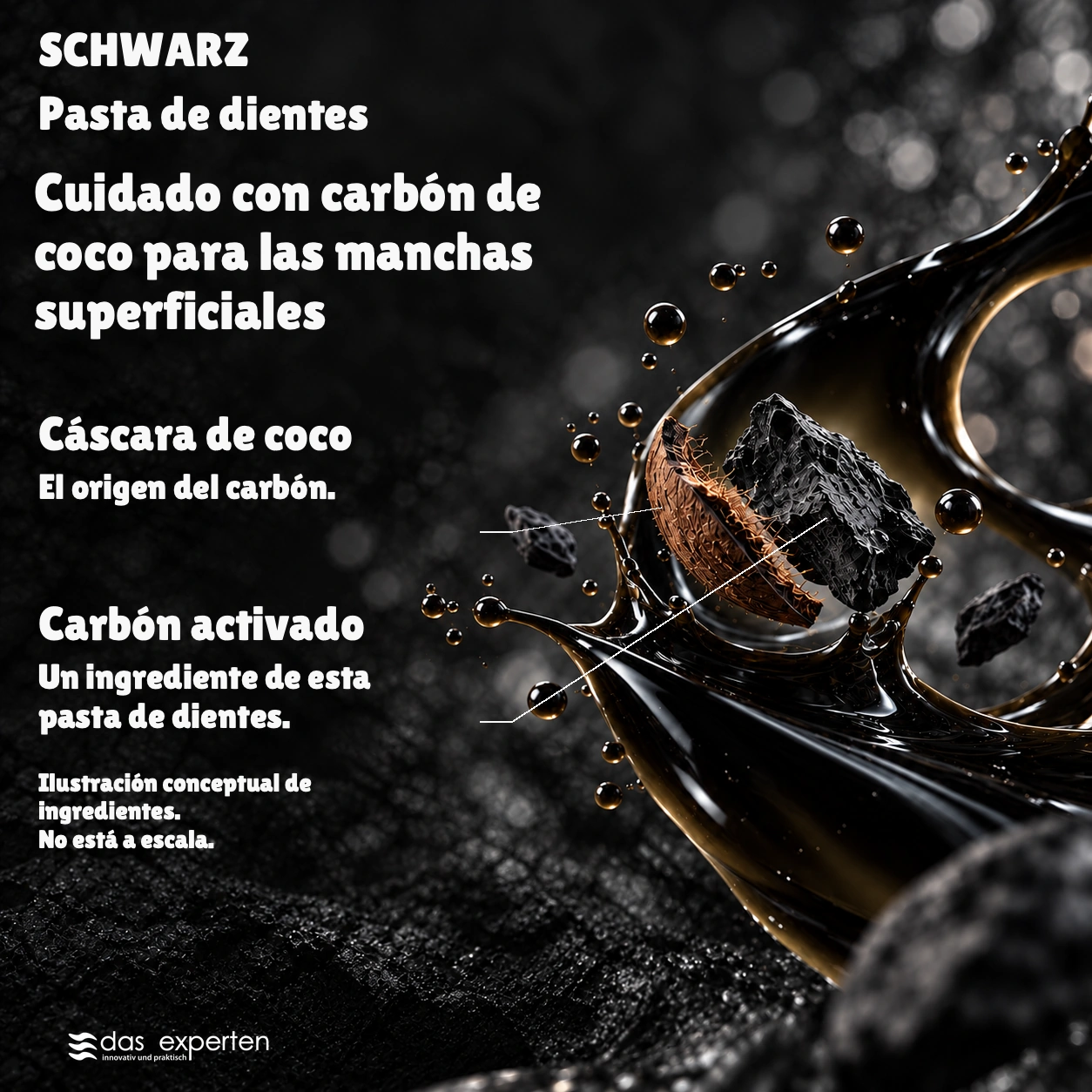 SCHWARZ · Cuidado con carbón de coco · para las manchas superficiales · Ilustración conceptual de ingredientes. · No está a escala.