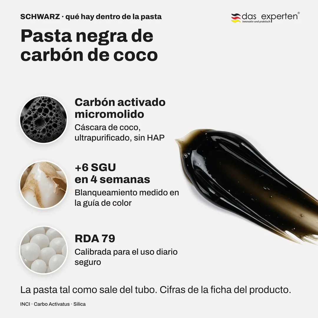 Pasta negra de carbón de coco — Carbón activado micromolido; +6 SGU en 4 semanas; RDA 79