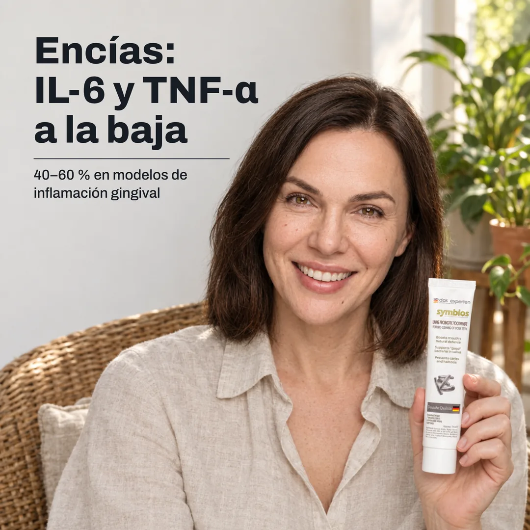 Encías: IL-6 y TNF-α a la baja — 40–60 % en modelos de inflamación gingival