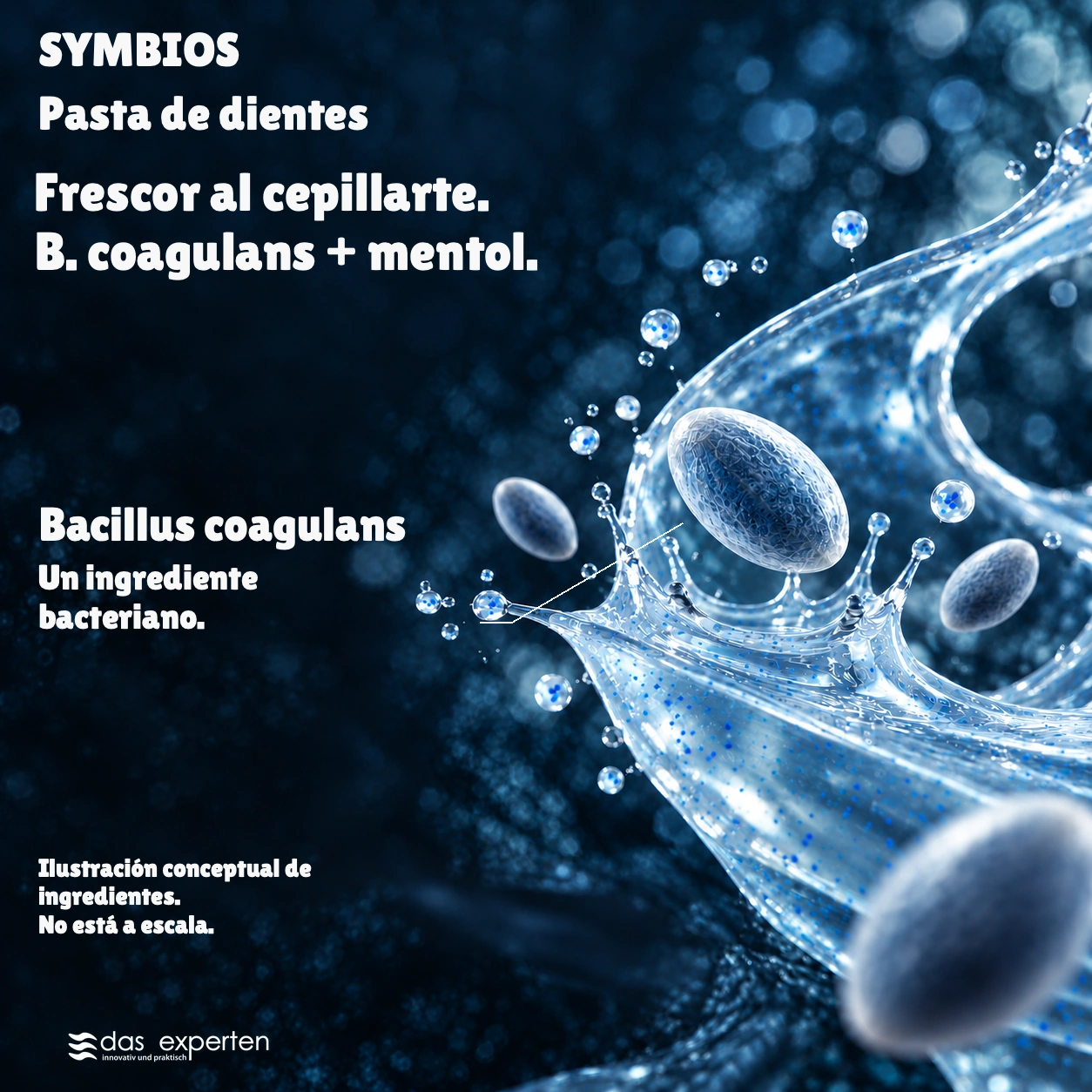 SYMBIOS · Frescor al cepillarte. · B. coagulans + mentol. · Ilustración conceptual de ingredientes. · No está a escala.