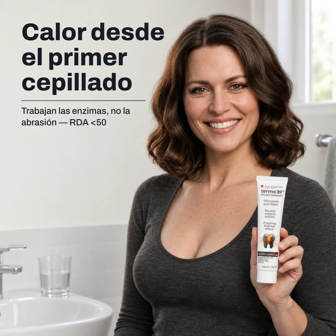 Calor desde el primer cepillado — Trabajan las enzimas, no la abrasión — RDA <50