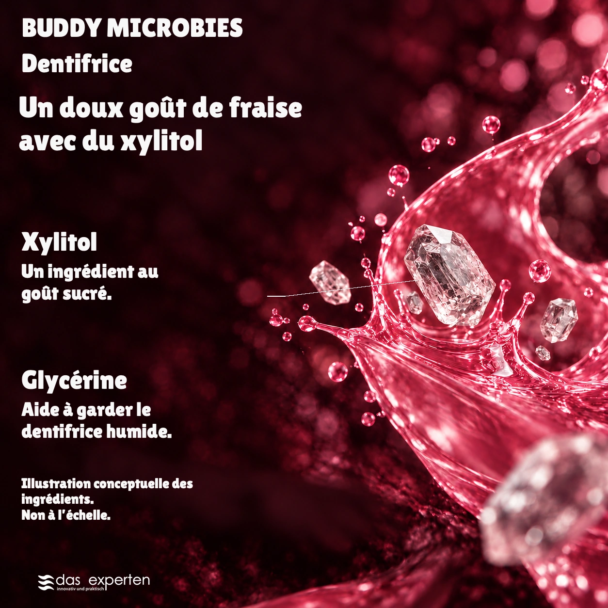 BUDDY MICROBIES · Un doux goût de fraise · avec du xylitol · Illustration conceptuelle des ingrédients. · Non à l’échelle.