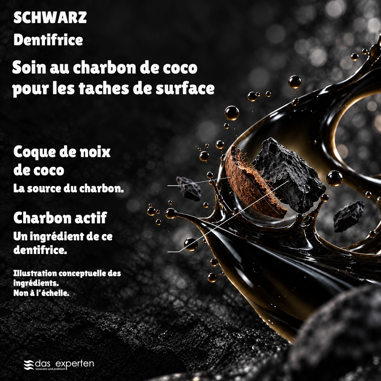 SCHWARZ · Soin au charbon de coco · pour les taches de surface · Illustration conceptuelle des ingrédients. · Non à l’échelle.