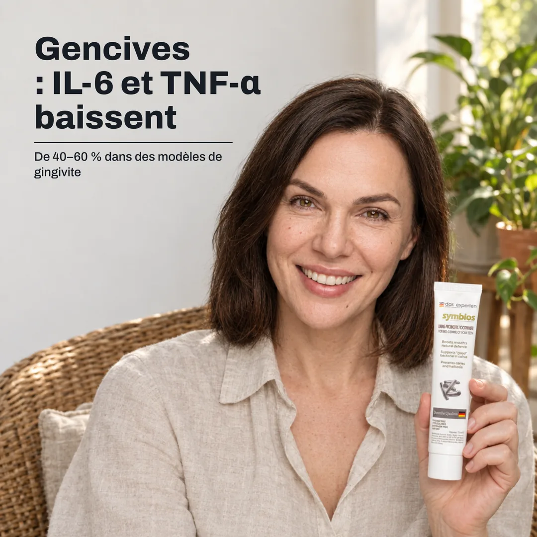 Gencives : IL-6 et TNF-α baissent — De 40–60 % dans des modèles de gingivite