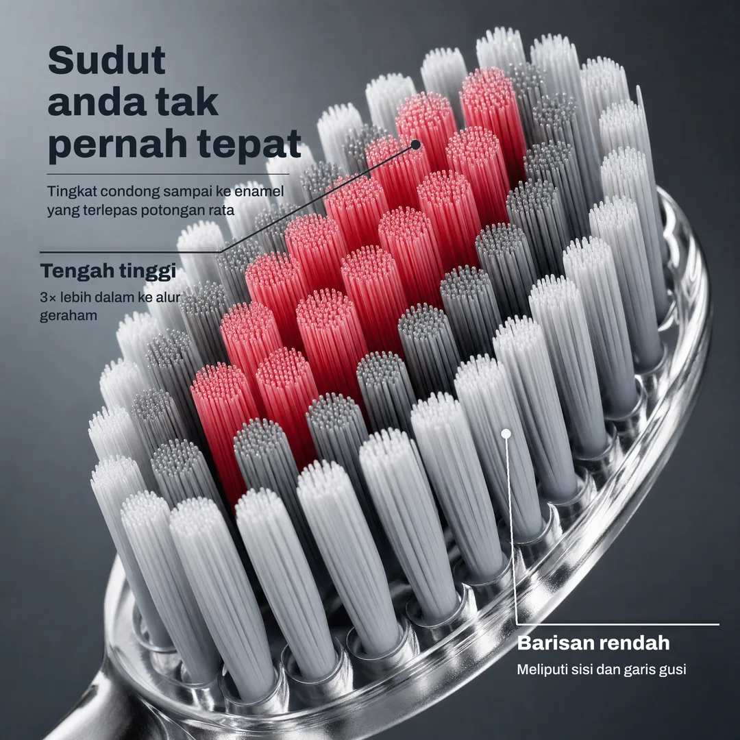 Sudut anda tak pernah tepat — Tingkat condong sampai ke enamel yang terlepas potongan rata · Tengah tinggi: 3× lebih dalam ke alur geraham · Barisan rendah: Meliputi sisi dan garis gusi