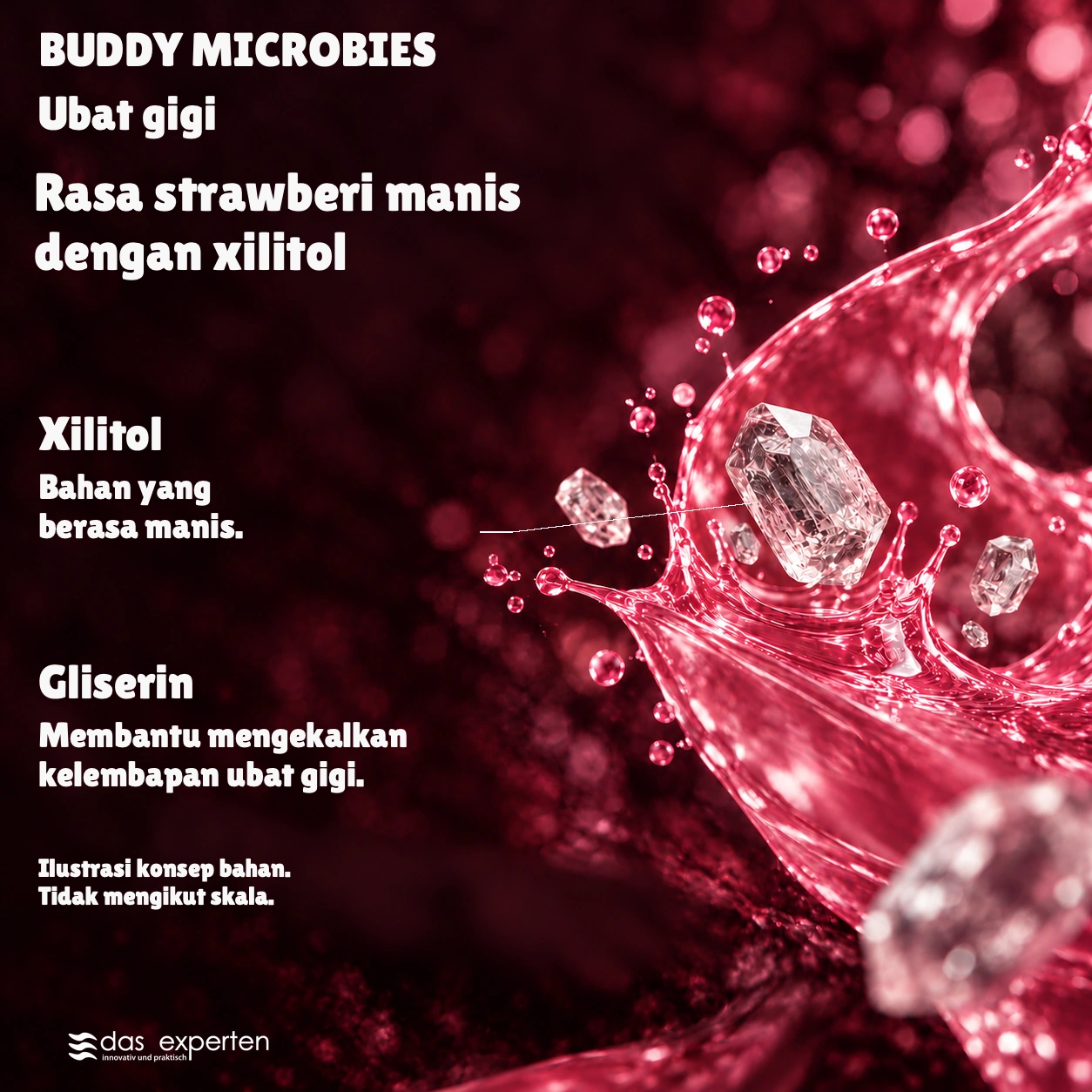 BUDDY MICROBIES · Rasa strawberi manis · dengan xilitol · Ilustrasi konsep bahan. · Tidak mengikut skala.