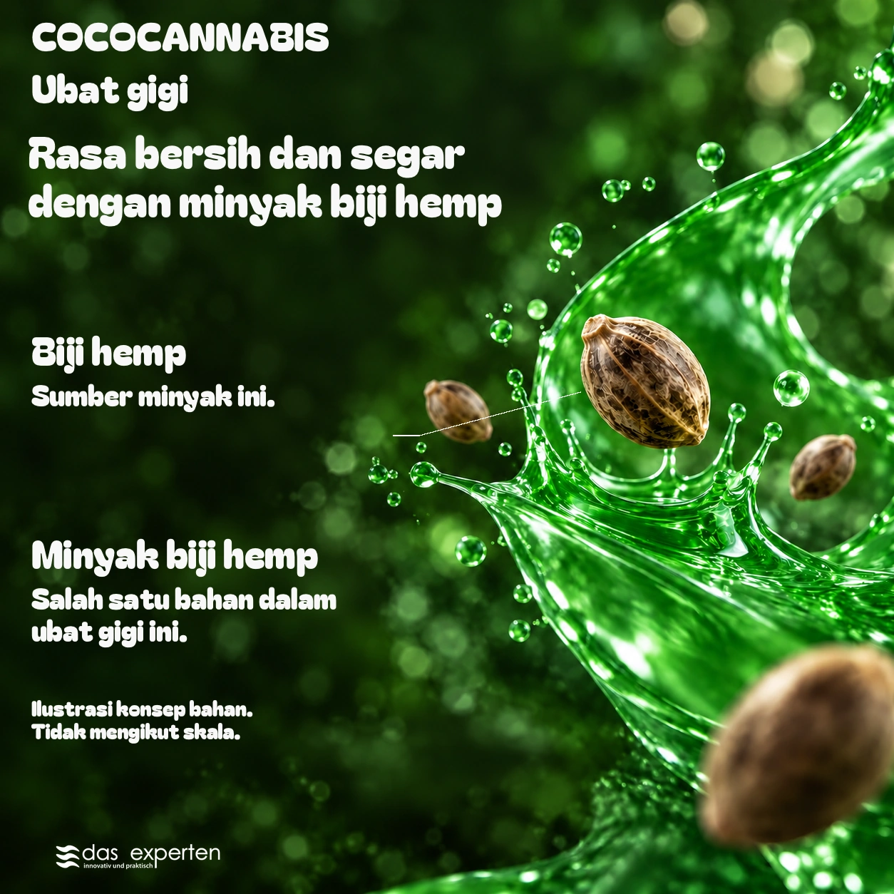 COCOCANNABIS · Rasa bersih dan segar · dengan minyak biji hemp · Ilustrasi konsep bahan. · Tidak mengikut skala.