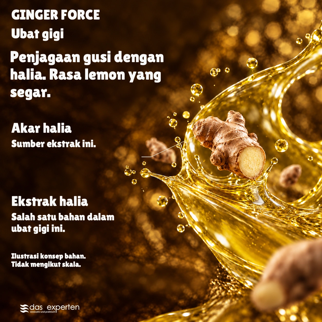 GINGER FORCE · Penjagaan gusi dengan halia. · Rasa lemon yang segar. · Ilustrasi konsep bahan. · Tidak mengikut skala.