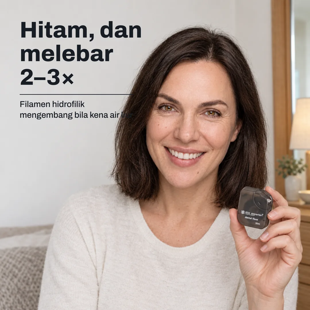 Hitam, dan melebar 2–3× — Filamen hidrofilik mengembang bila kena air liur