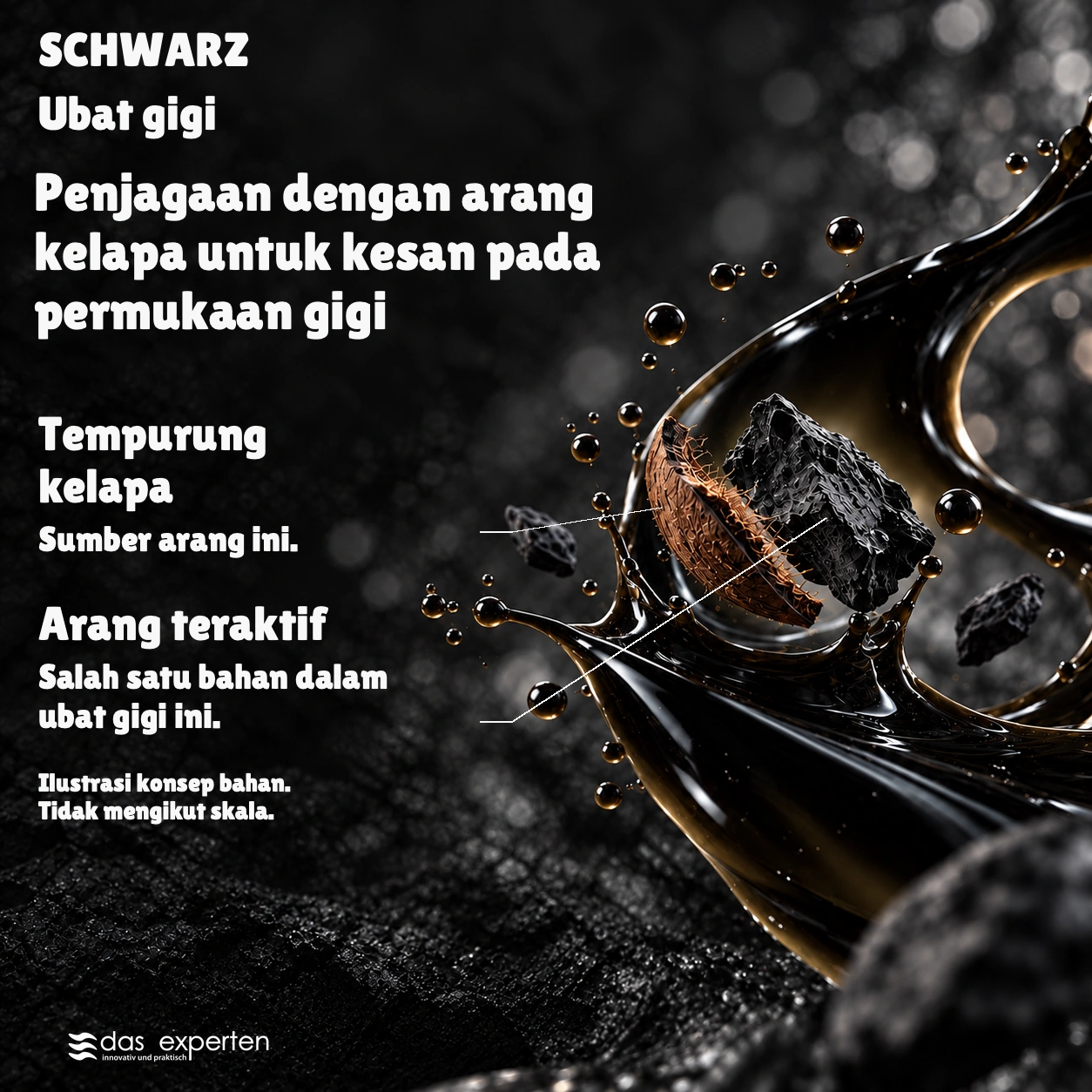 SCHWARZ · Penjagaan dengan arang kelapa · untuk kesan pada permukaan gigi · Ilustrasi konsep bahan. · Tidak mengikut skala.