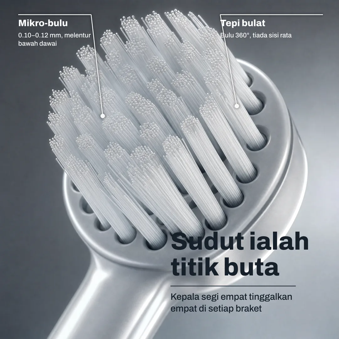 Sudut ialah titik buta — Kepala segi empat tinggalkan empat di setiap braket · Tepi bulat: Bulu 360°, tiada sisi rata · Mikro-bulu: 0.10–0.12 mm, melentur bawah dawai