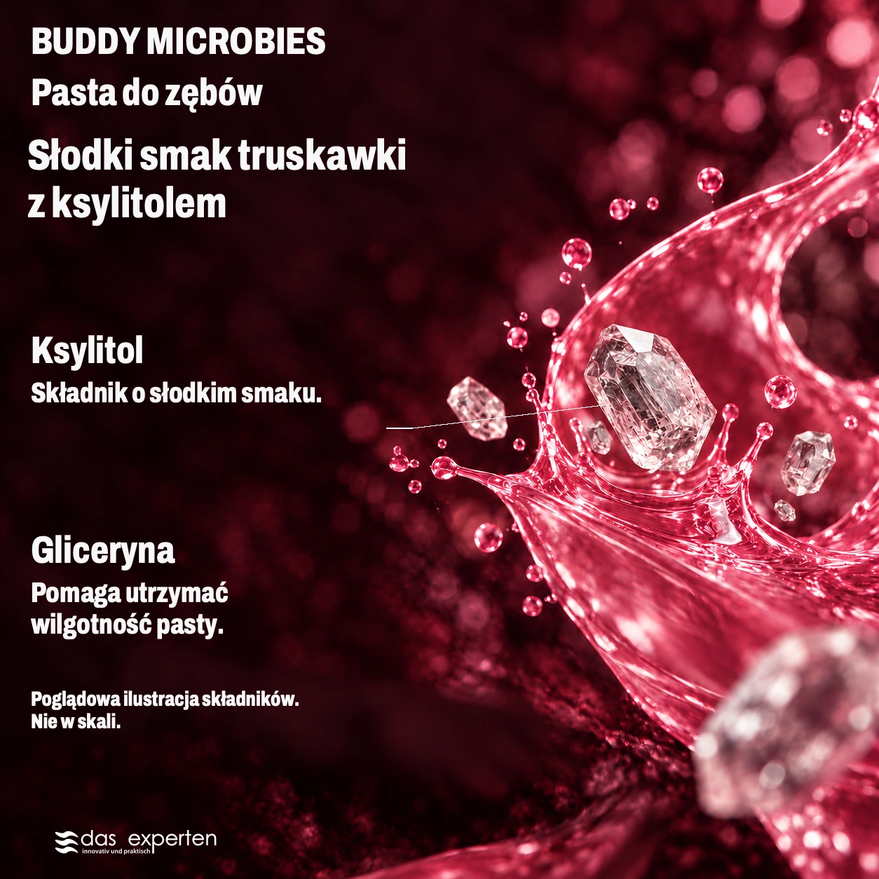 BUDDY MICROBIES · Słodki smak truskawki · z ksylitolem · Poglądowa ilustracja składników. · Nie w skali.