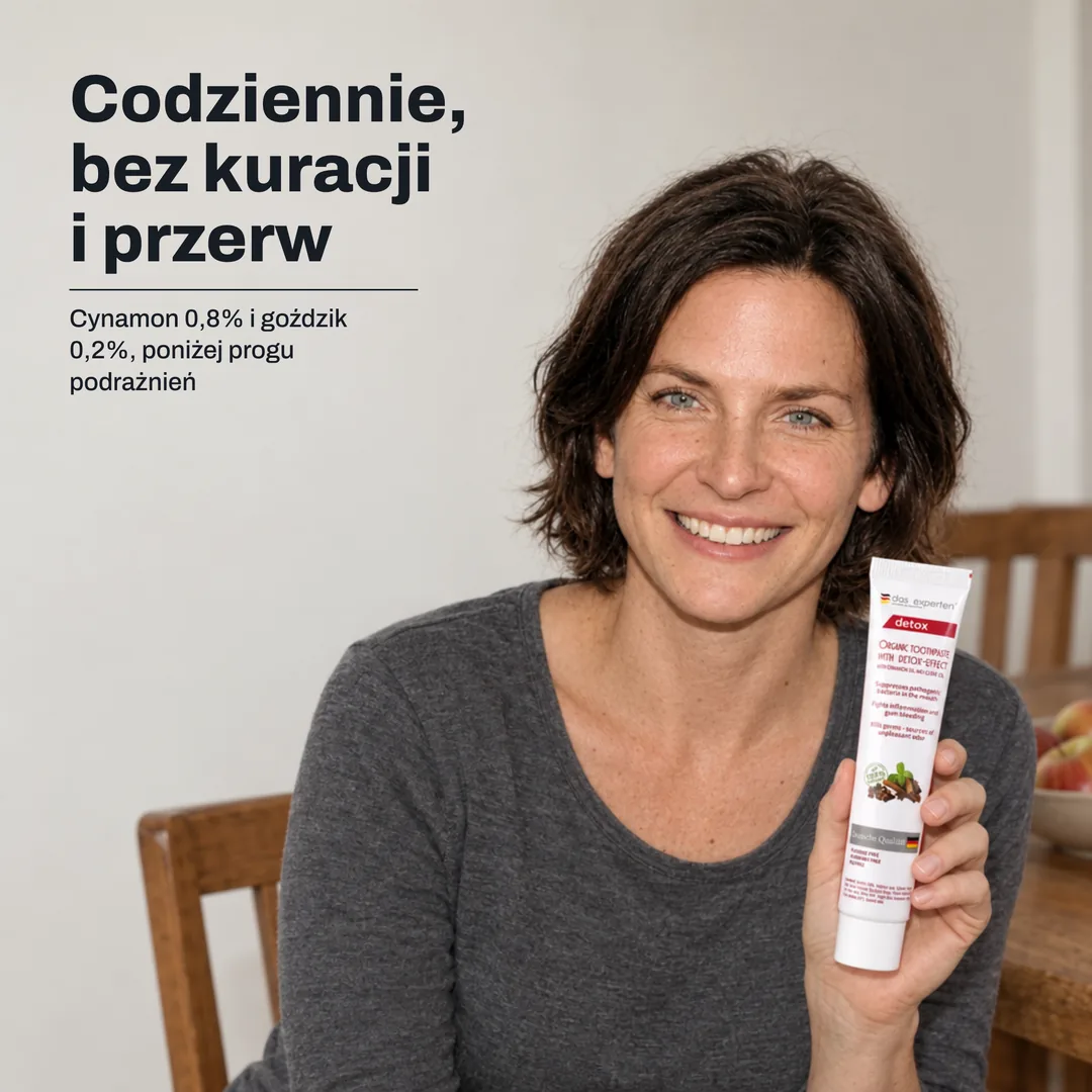 Codziennie, bez kuracji i przerw — Cynamon 0,8% i goździk 0,2%, poniżej progu podrażnień
