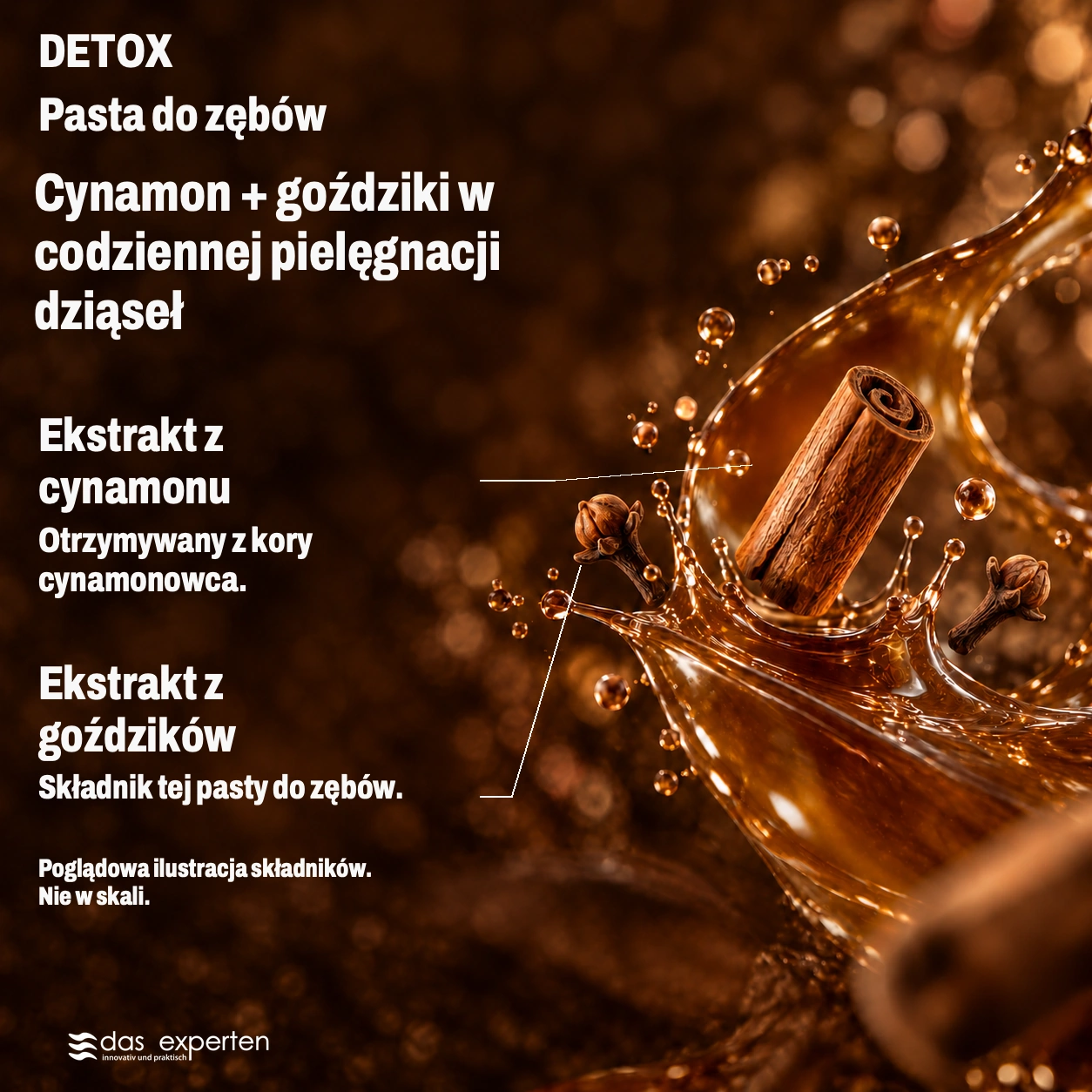 DETOX · Cynamon + goździki · w codziennej pielęgnacji dziąseł · Poglądowa ilustracja składników. · Nie w skali.