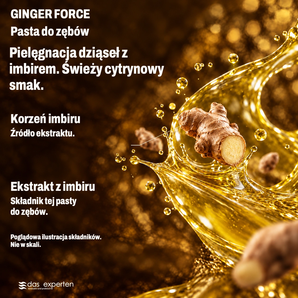 GINGER FORCE · Pielęgnacja dziąseł z imbirem. · Świeży cytrynowy smak. · Poglądowa ilustracja składników. · Nie w skali.
