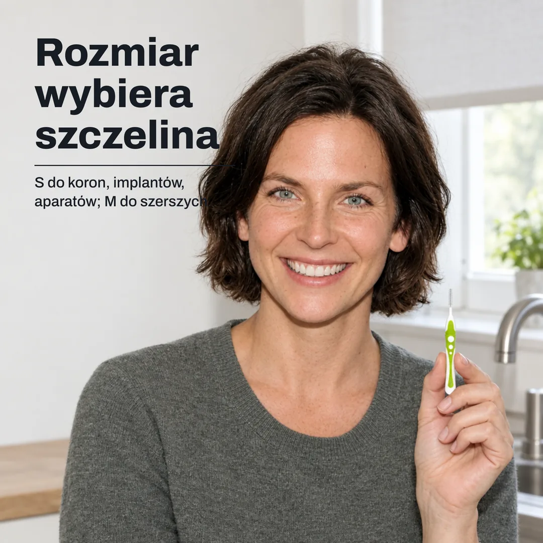 Rozmiar wybiera szczelina — S do koron, implantów, aparatów; M do szerszych