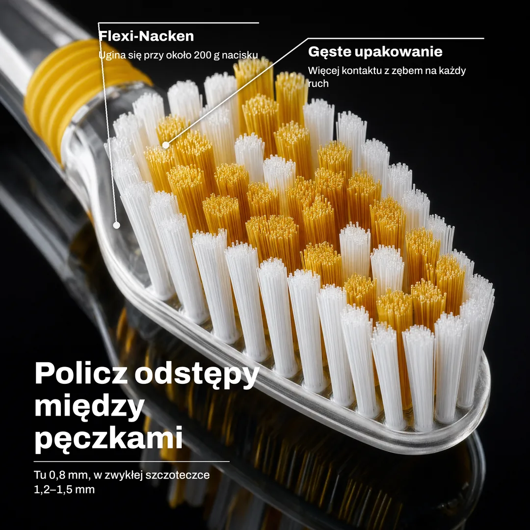 Policz odstępy między pęczkami — Tu 0,8 mm, w zwykłej szczoteczce 1,2–1,5 mm · Gęste upakowanie: Więcej kontaktu z zębem na każdy ruch · Flexi-Nacken: Ugina się przy około 200 g nacisku