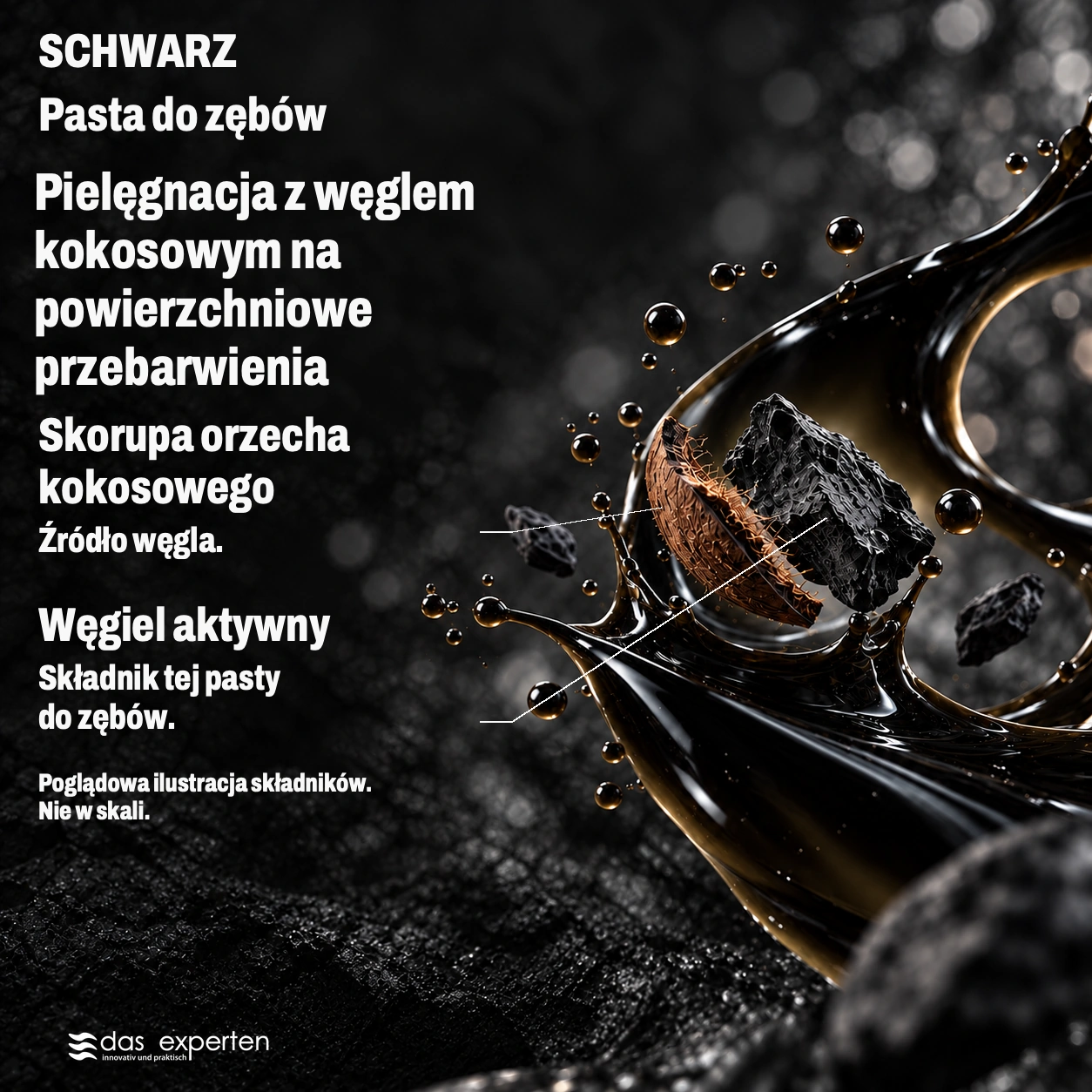 SCHWARZ · Pielęgnacja z węglem kokosowym · na powierzchniowe przebarwienia · Poglądowa ilustracja składników. · Nie w skali.