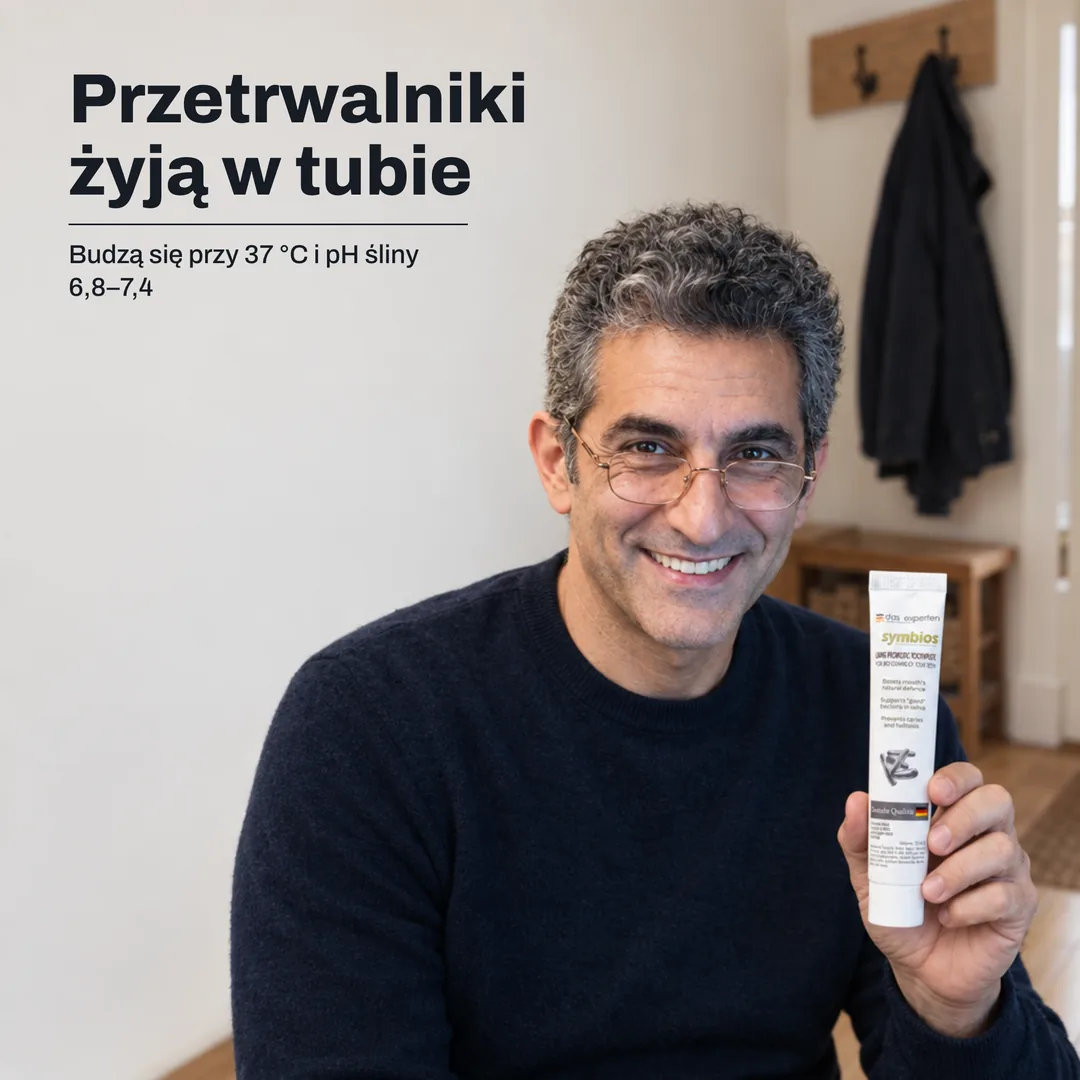 Przetrwalniki żyją w tubie — Budzą się przy 37 °C i pH śliny 6,8–7,4