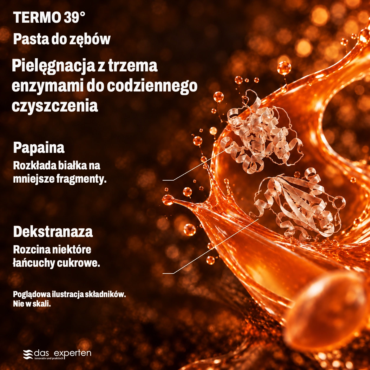TERMO 39° · Pielęgnacja z trzema enzymami · do codziennego czyszczenia · Poglądowa ilustracja składników. · Nie w skali.