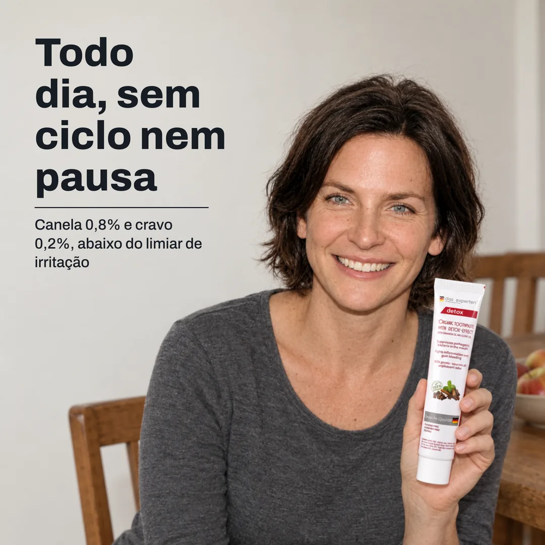 Todo dia, sem ciclo nem pausa — Canela 0,8% e cravo 0,2%, abaixo do limiar de irritação