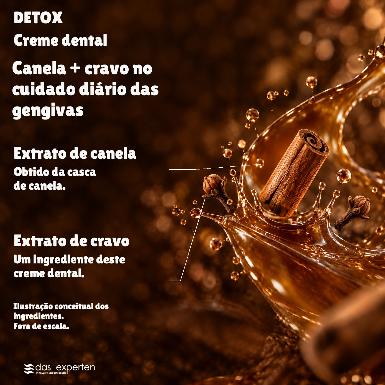DETOX · Canela + cravo · no cuidado diário das gengivas · Ilustração conceitual dos ingredientes. · Fora de escala.