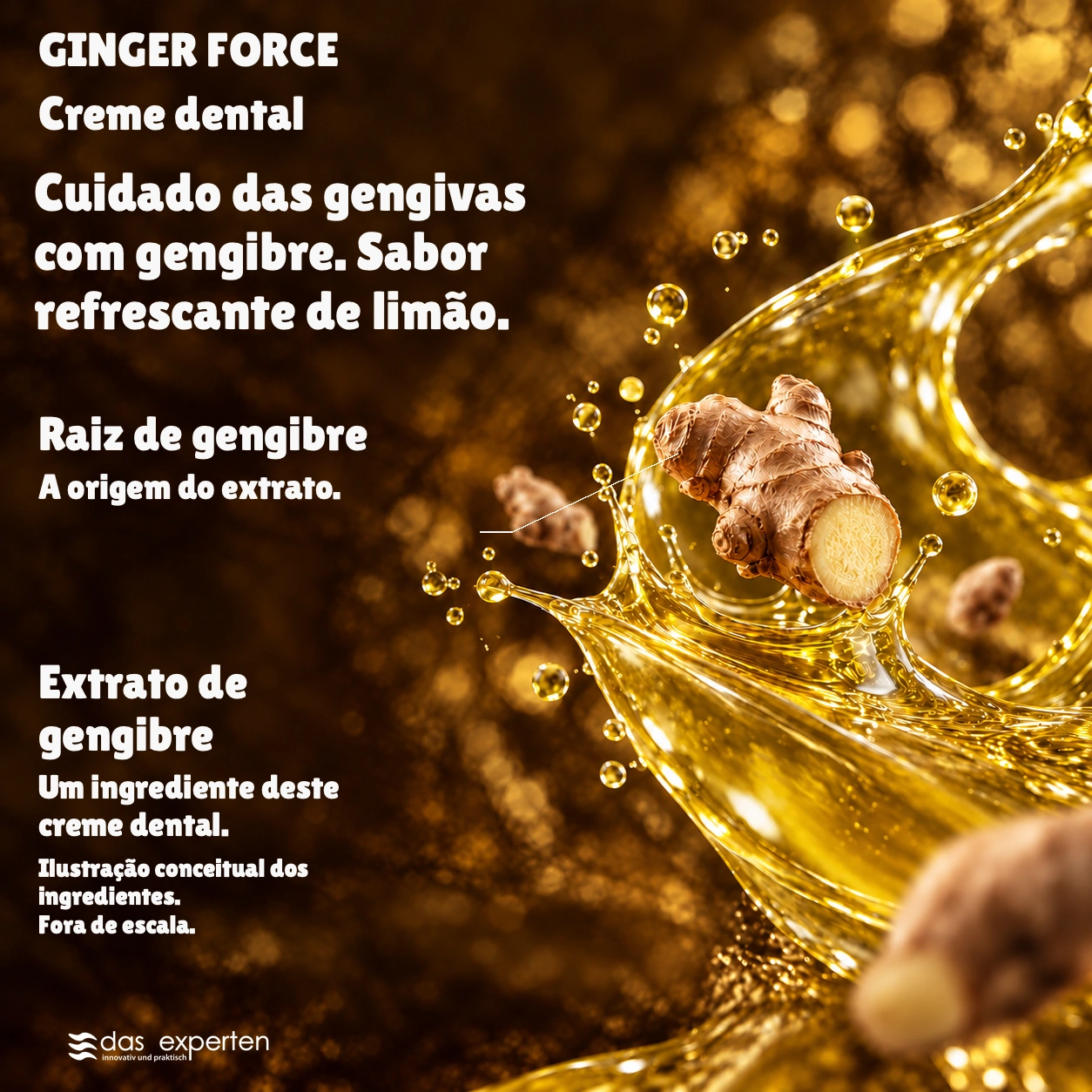 GINGER FORCE · Cuidado das gengivas com gengibre. · Sabor refrescante de limão. · Ilustração conceitual dos ingredientes. · Fora de escala.
