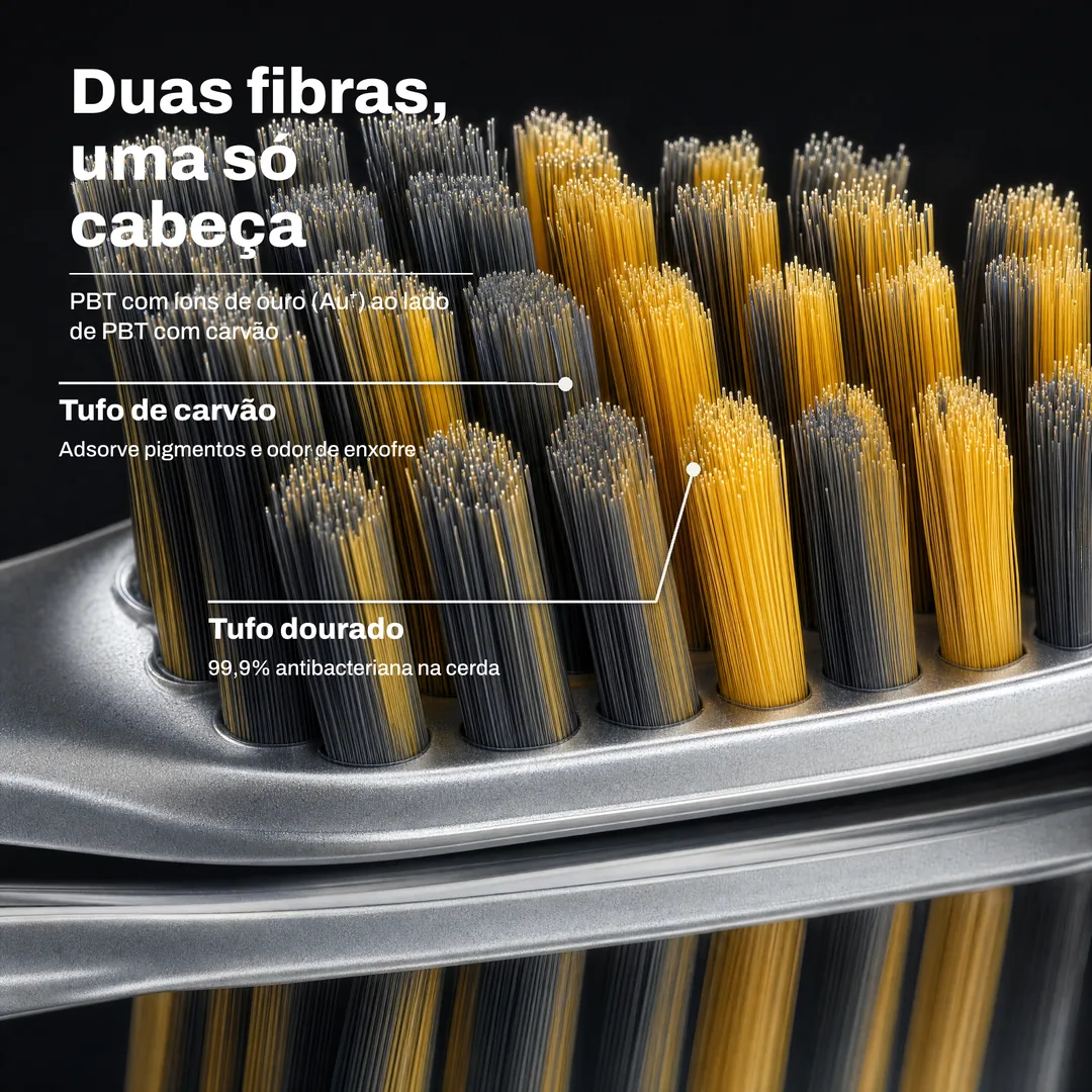 Duas fibras, uma só cabeça — PBT com íons de ouro (Au⁺) ao lado de PBT com carvão · Tufo dourado: 99,9% antibacteriana na cerda · Tufo de carvão: Adsorve pigmentos e odor de enxofre
