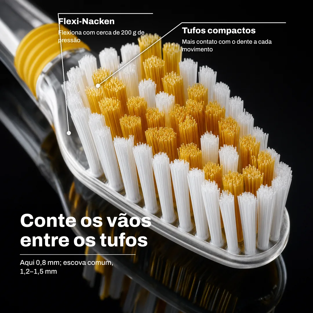 Conte os vãos entre os tufos — Aqui 0,8 mm; escova comum, 1,2–1,5 mm · Tufos compactos: Mais contato com o dente a cada movimento · Flexi-Nacken: Flexiona com cerca de 200 g de pressão