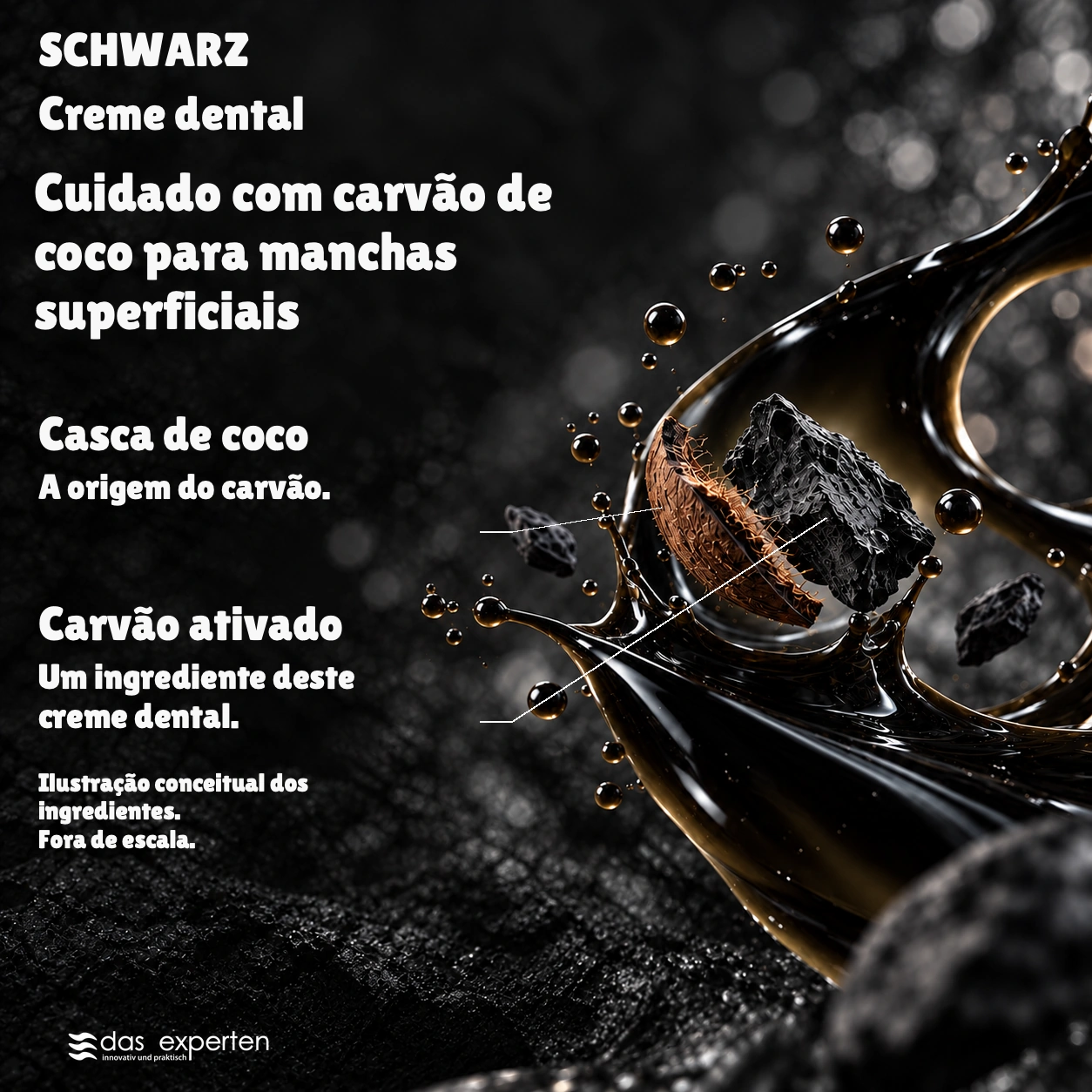 SCHWARZ · Cuidado com carvão de coco · para manchas superficiais · Ilustração conceitual dos ingredientes. · Fora de escala.